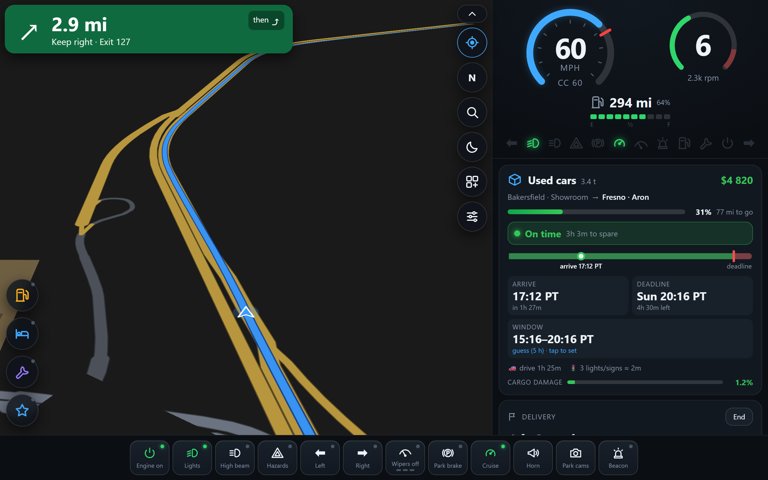 ATS Co-Driver on a tablet: map, gauges, delivery card and switches